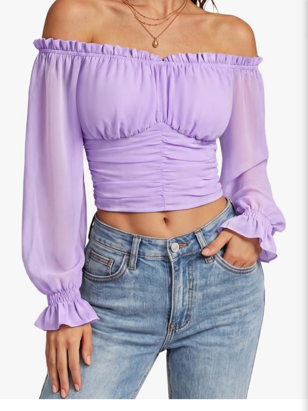Scarlet Darkness Lavender Off-Shoulder Ruched Crop Top